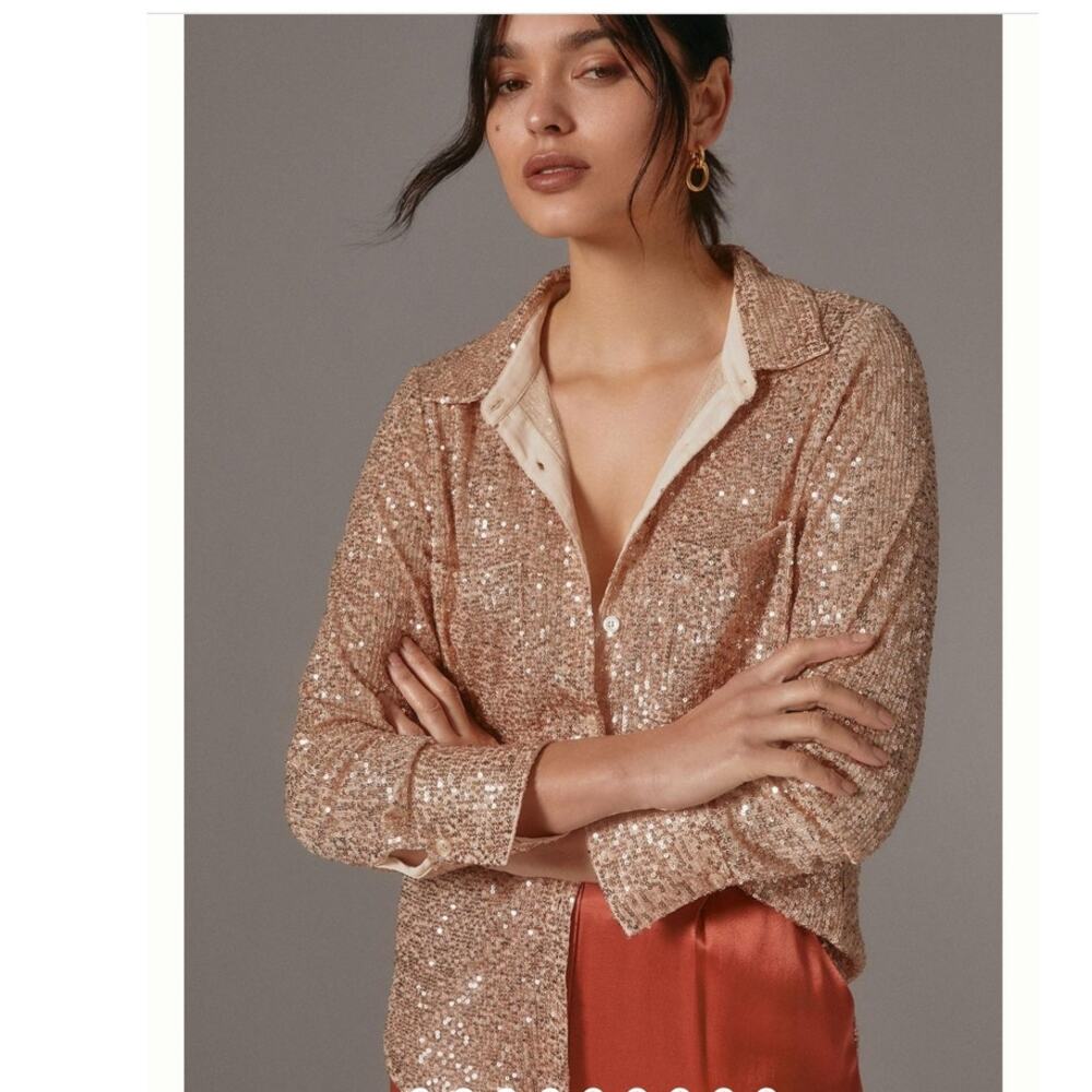 New Anthropologie Sunday in Brooklyn Sequin Buttondown $130 SMALL Rose